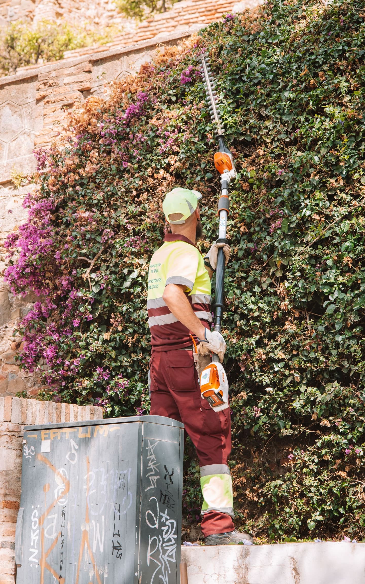 Worker using a long-reach trimmer along an exterior wall